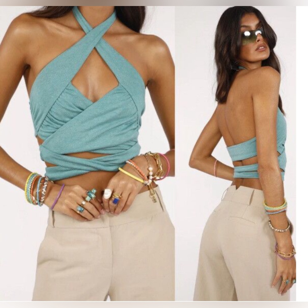 Tiger Mist Teal Wrap Crop Top